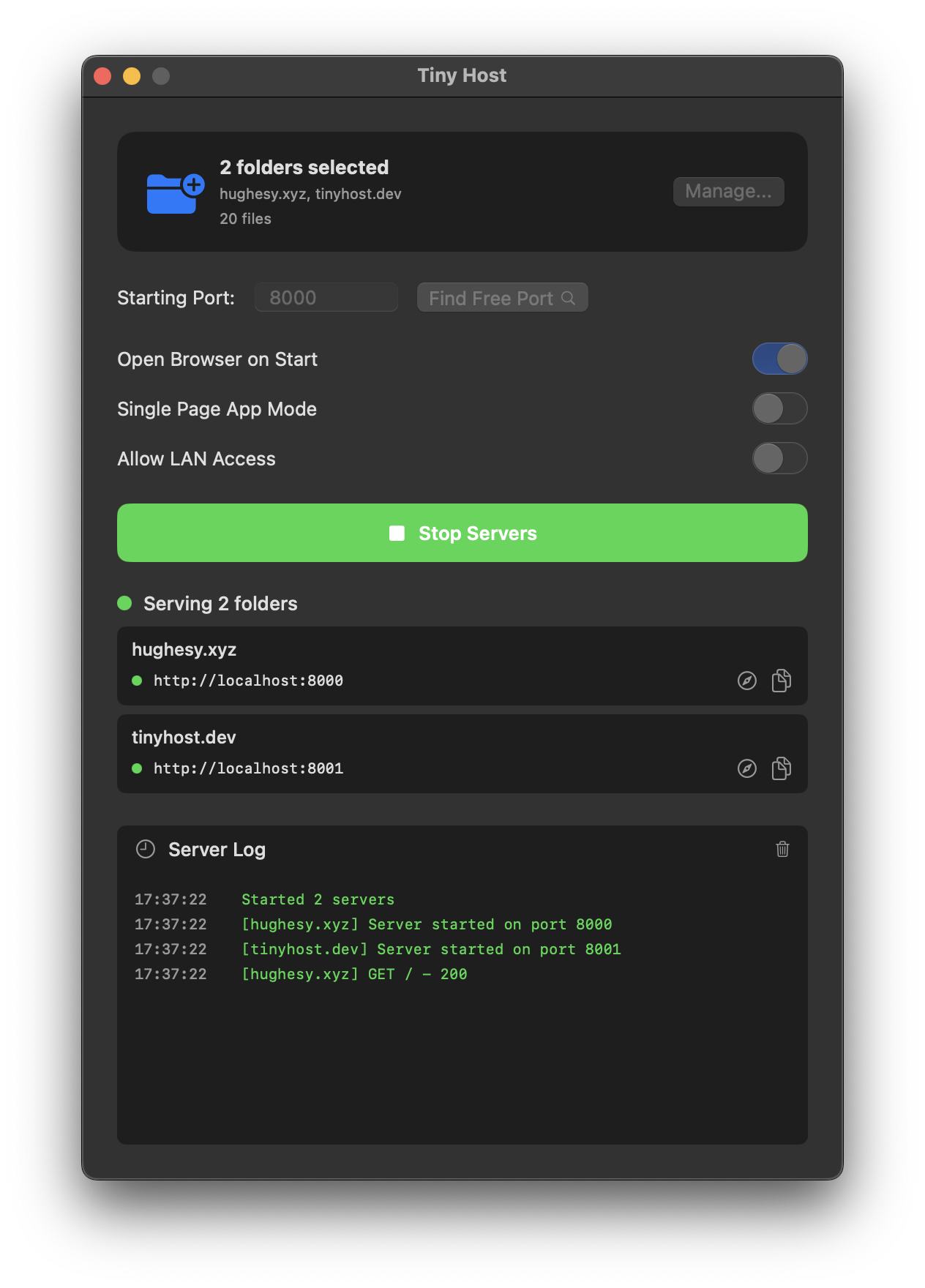 Tiny Host serving multiple local folders in dark mode