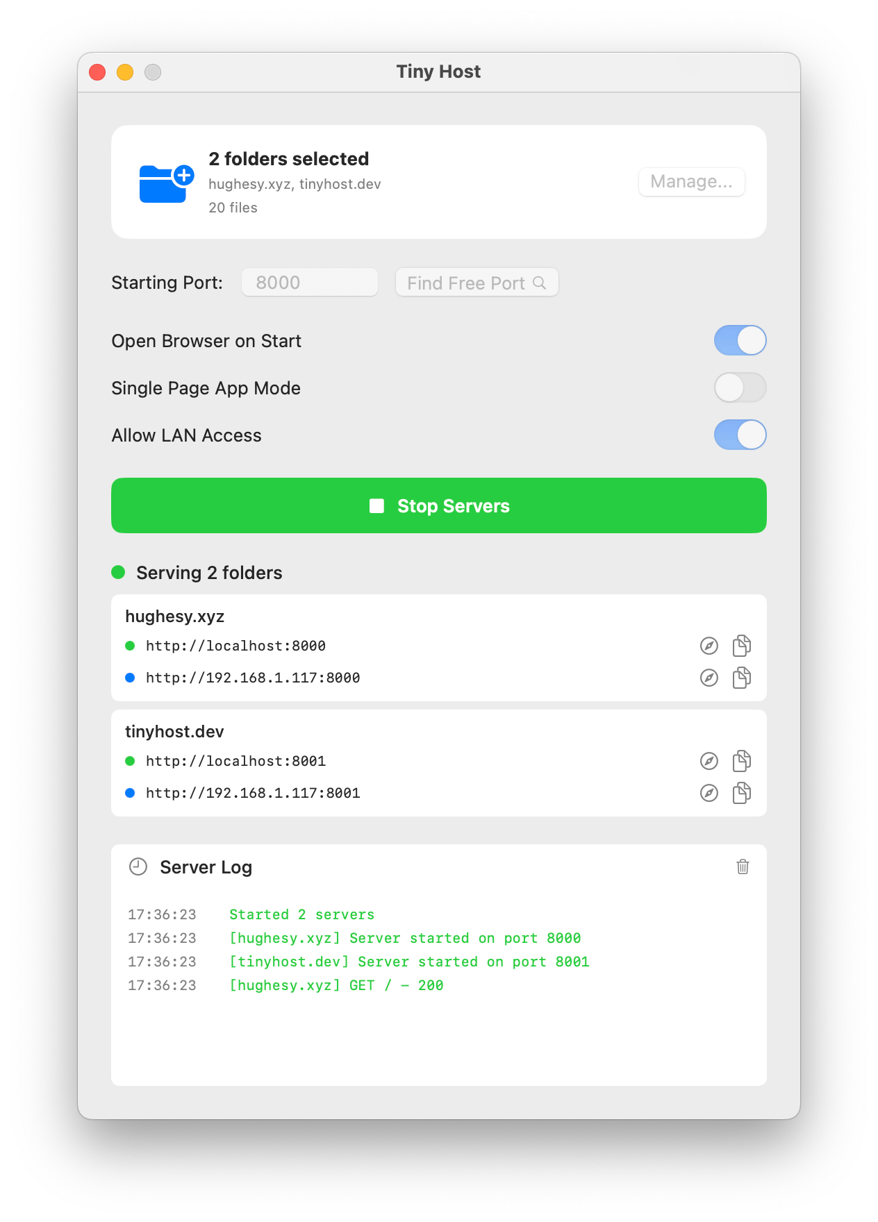 Tiny Host serving multiple folders locally